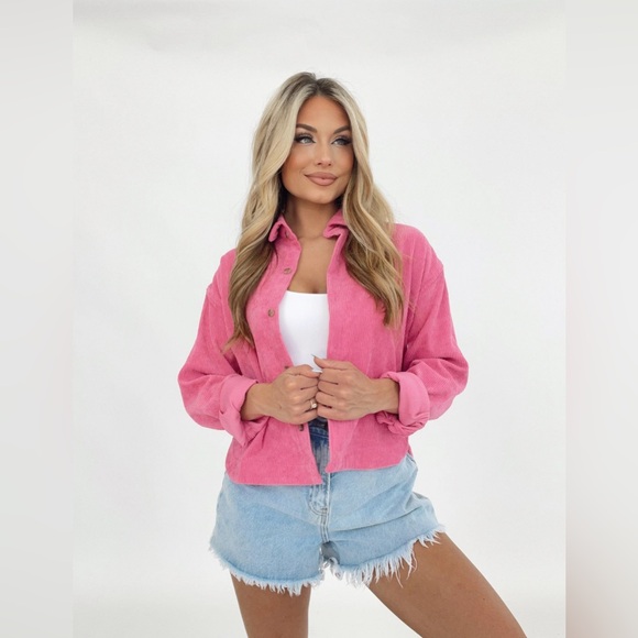 NWOT Wishlist Apparel hot pink (hibiscus) cropped corduroy button up size small - Picture 5 of 16